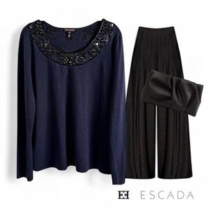 ESCADA WOOL SILK CASHMERE BLUE BEADED SWEATER TOP EUR/DE 42 - US 12